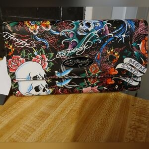 Ed Hardy Multicolor Skull and Floral Wallet